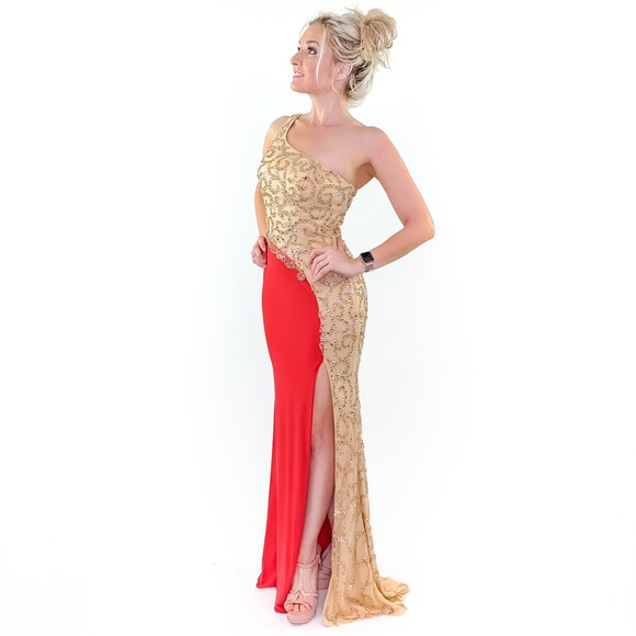 Red Illusion Beaded One Shoulder Evening Gown - Picture 3 of 8